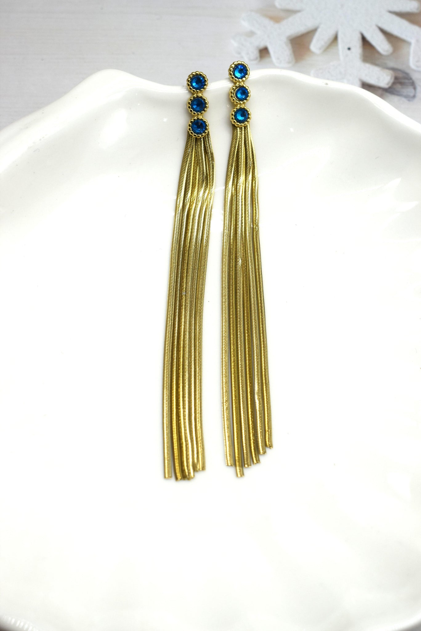 Francesa long fringe earrings blue