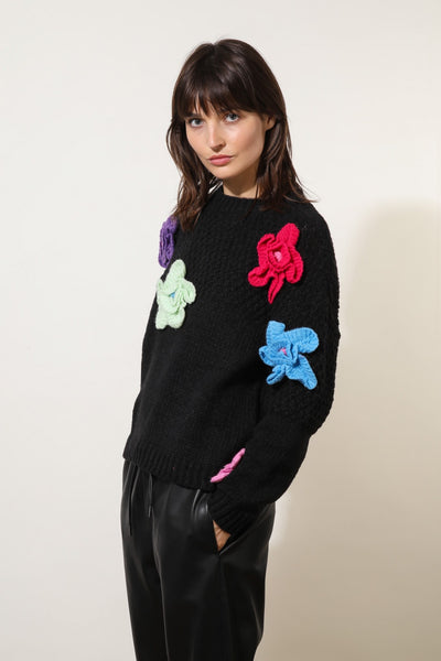 Monika black jumper large knit flowers