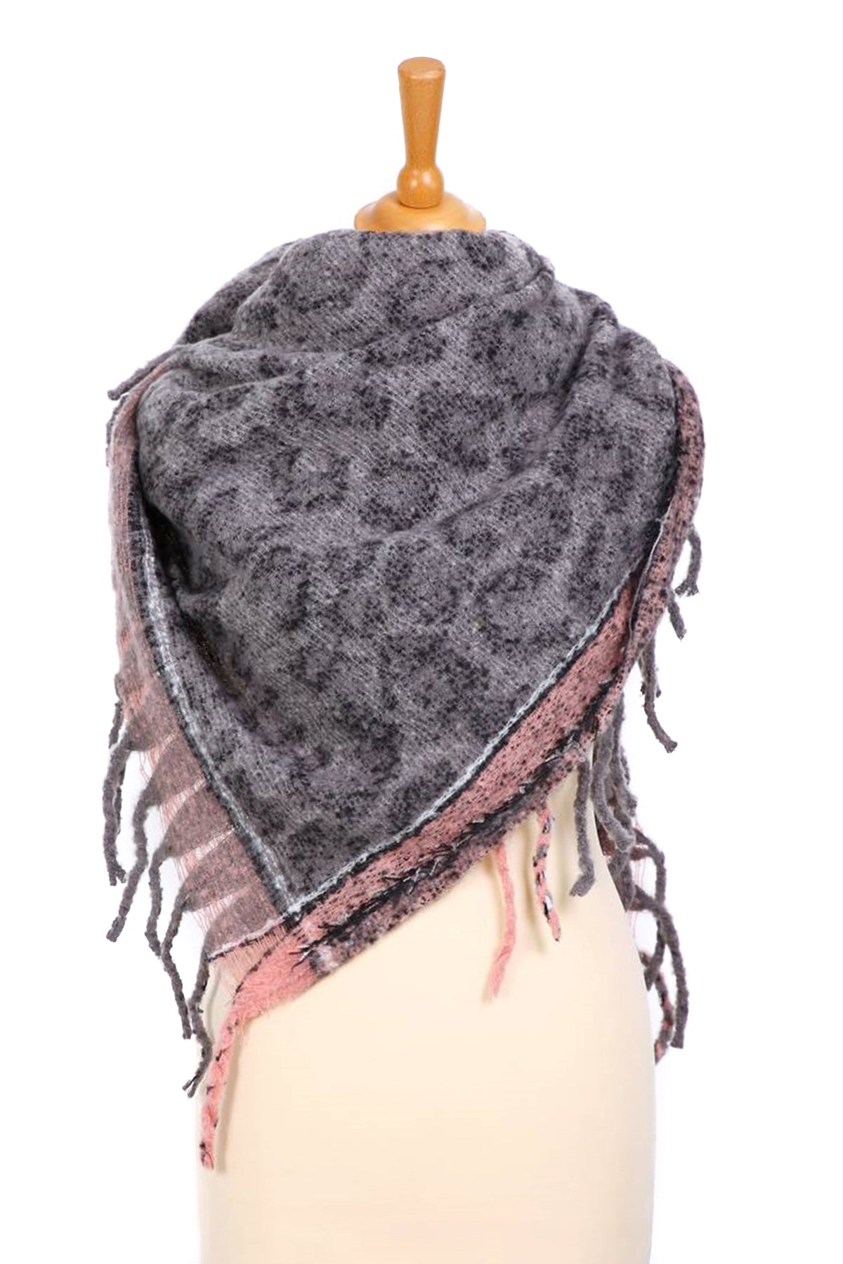 Grey Animal Print Square Scarf with Pink Border