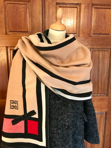 Beige and Red Bow Print Cashmere Feel Scarf