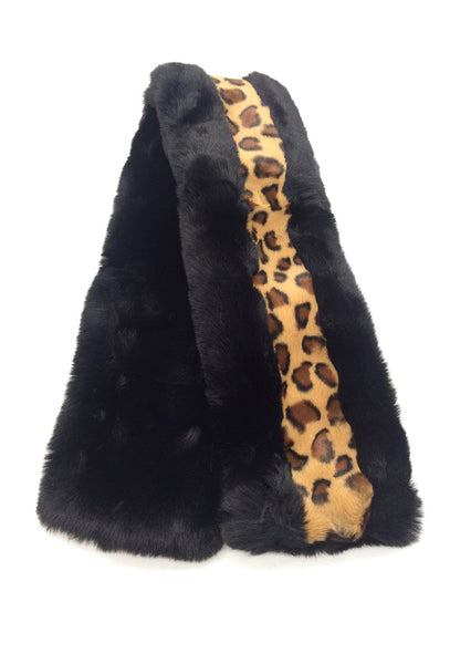 Kerry Half Leopard Faux Fur Wrap Scarf Black