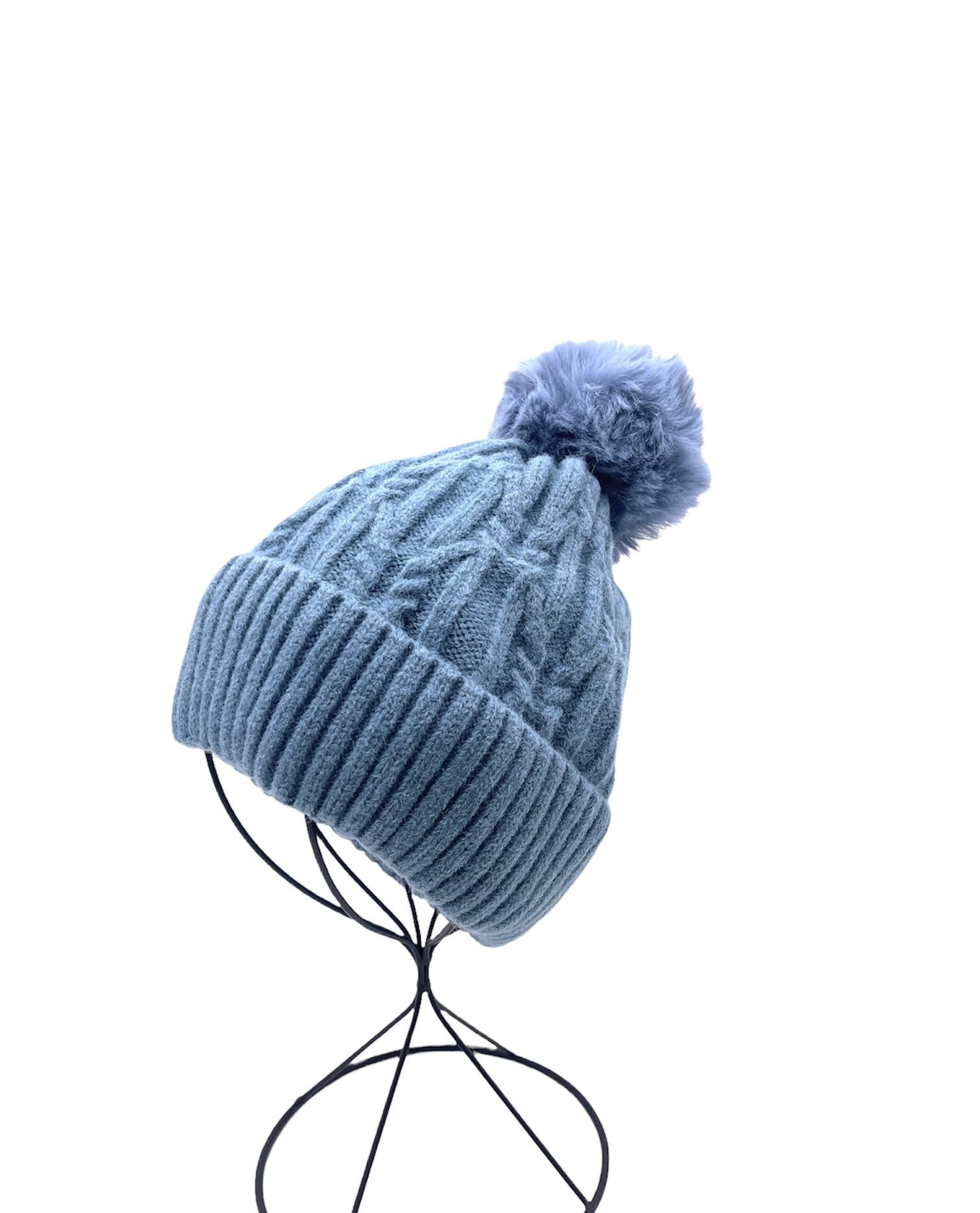 Bronwynn blue pom fleece hat