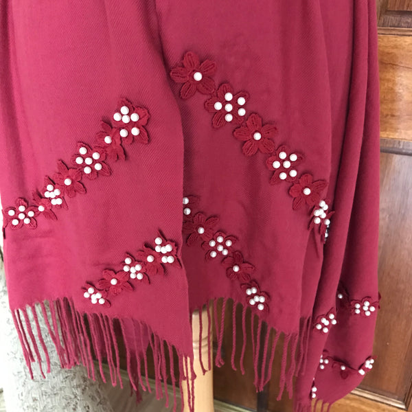 Burgundy Pearl Detail Light Cashmere Feel Scarf