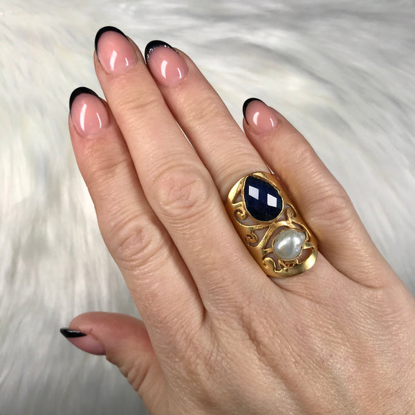 Carla Navy and Pearl Detail Ring LAST ONE