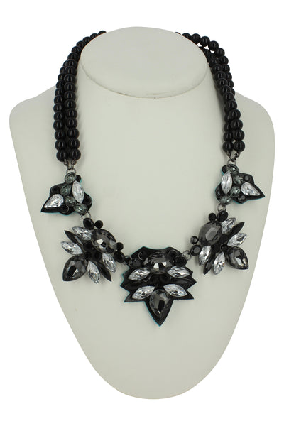 Cheryl Black Bead Necklace with Clear Stones