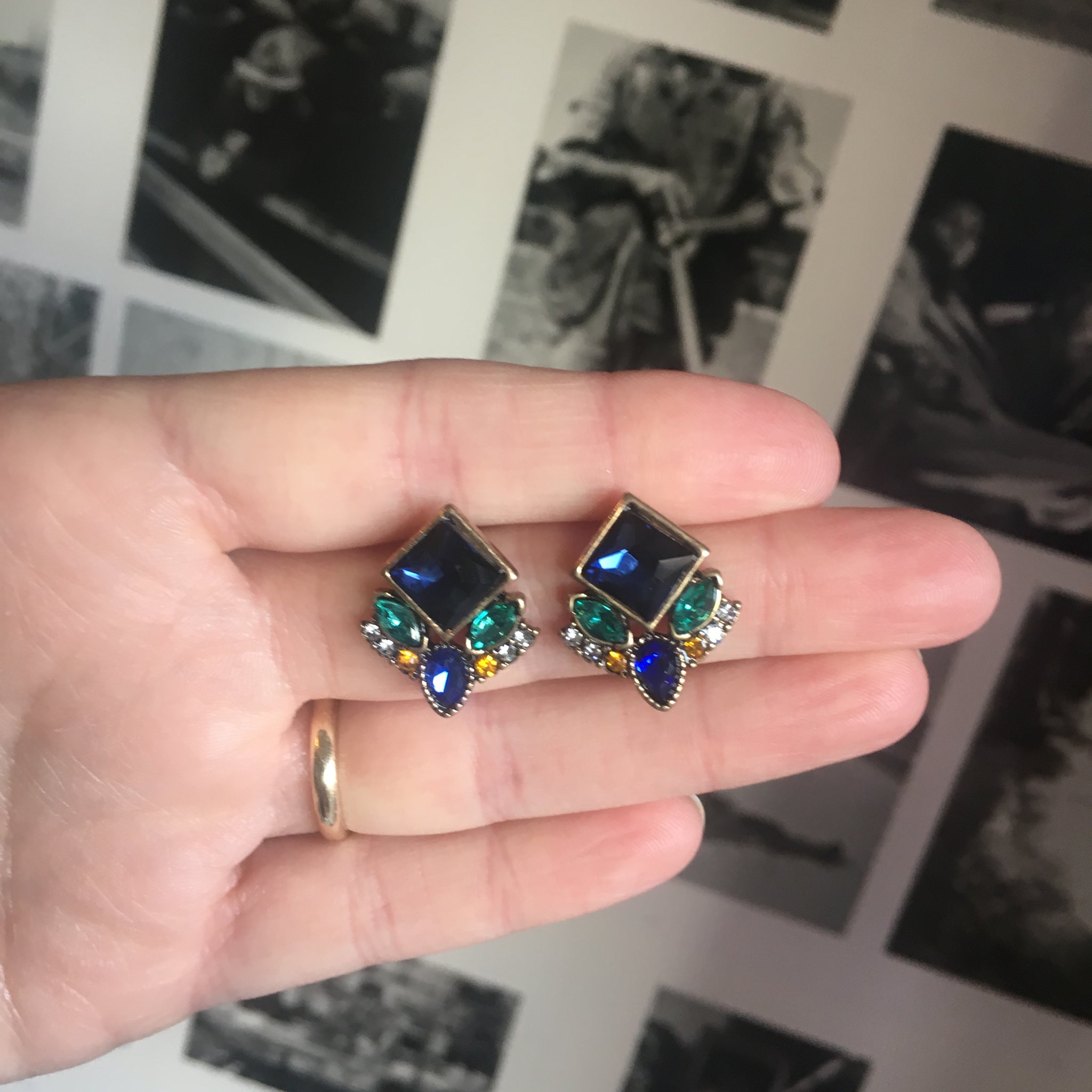 Blue and Green Diamond Cluster Gem Earring