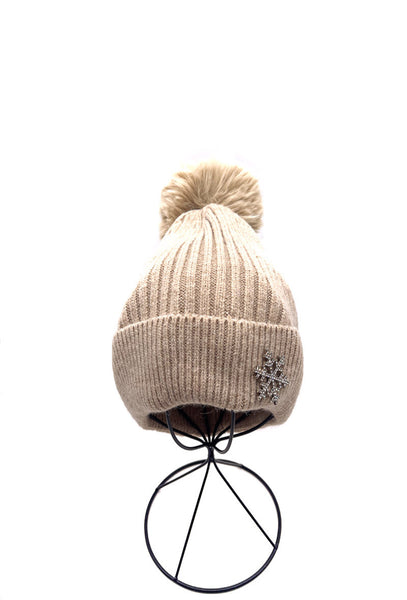 Elyna Beige Pom Hat with Embellished Snowflake