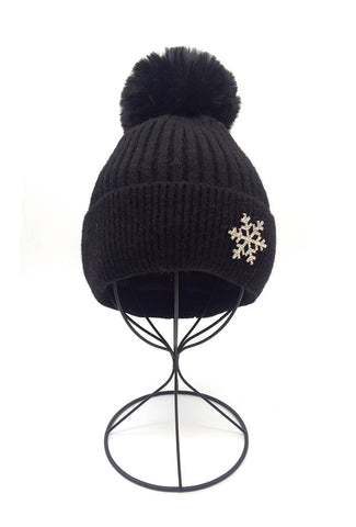 Elyna Black Pom Hat with Embellished Snowflake