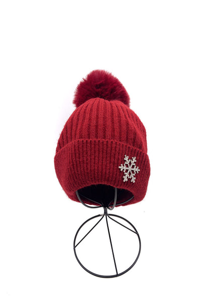 Elyna Red Pom Hat with Embellished Snowflake