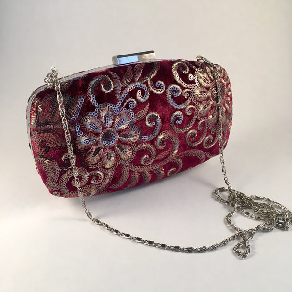 Embroidered Velvet Burgundy Clutch Bag