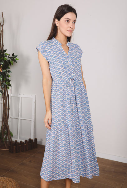 Emily Blue Flowy Midi Print Dress