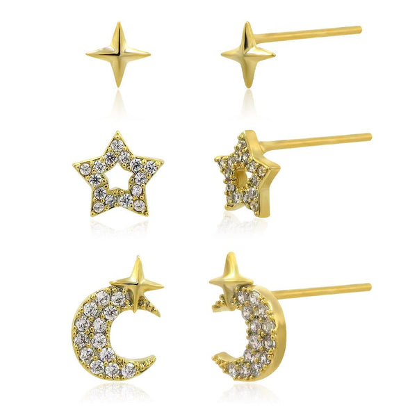 Fae three piece micro moon and star earring set in gold