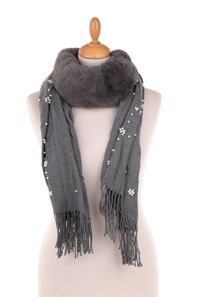Grey Pearl Embellished Scarf with Faux Fur Collar