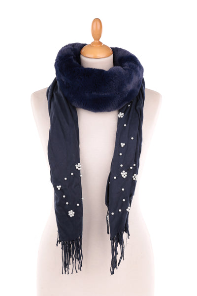 Navy Pearl Embellished Scarf with Faux Fur Collar