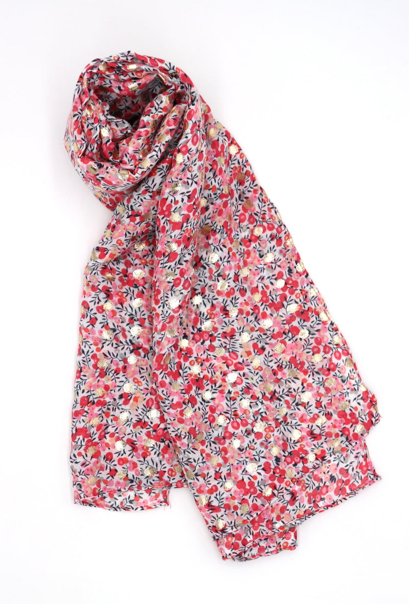 Frankie Pink Floral Print Scarf with Gold Detail