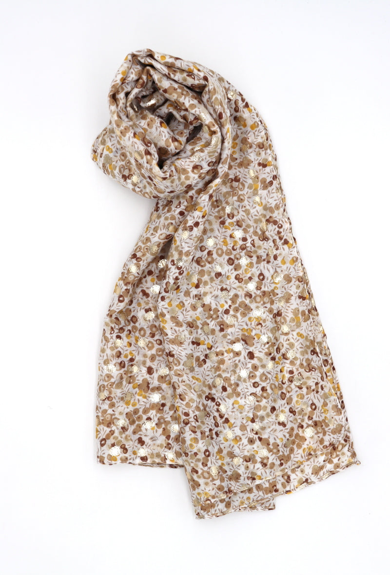 Frankie Taupe Floral Print Scarf with Gold Detail