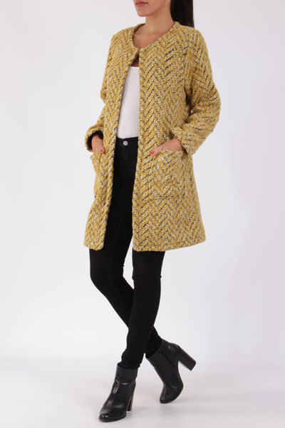 Grace Soft Tweed Collarless Coat Mustard