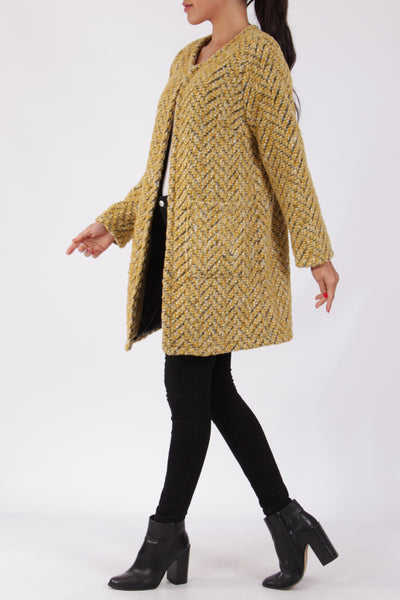 Grace Soft Tweed Collarless Coat Mustard