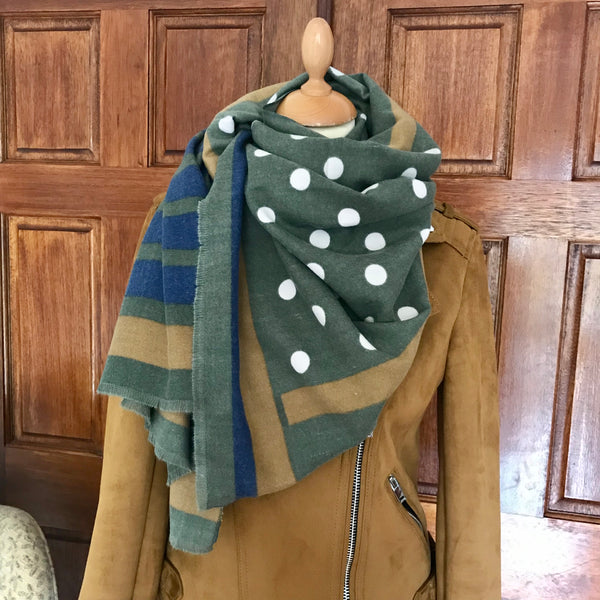 Dots & Stripes Cashmere Feel Scarf in Green & Blue