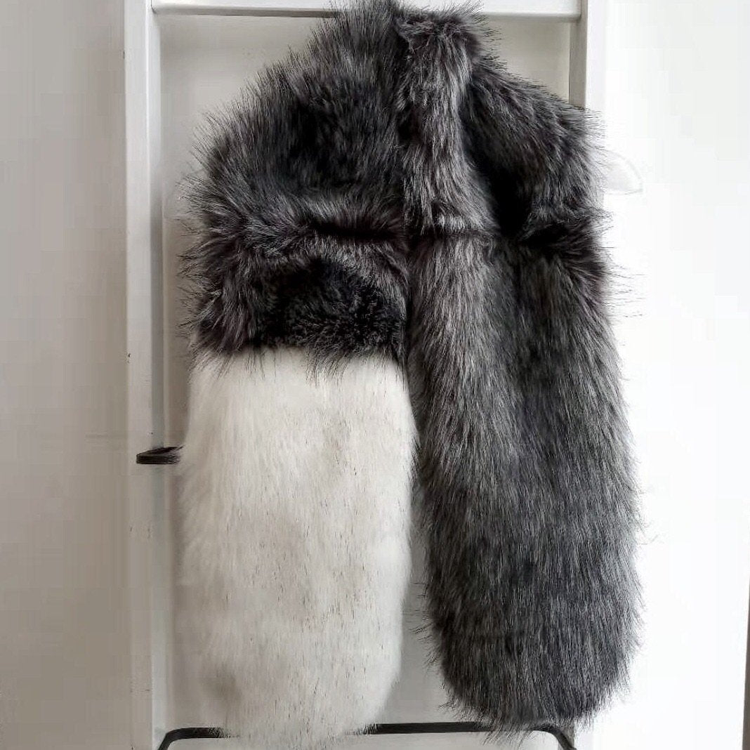 Two Tone Faux Fur Stole Grey and Cream