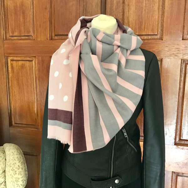 Dots & Stripes Cashmere Feel Scarf in Grey & Pink