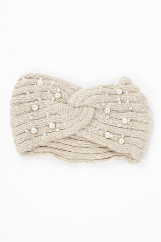 Hannah pearl embellished knit headband beige