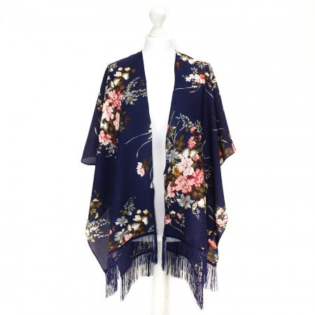 Kaho Navy Floral Fringe Kimono