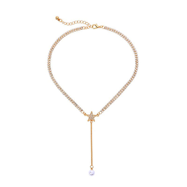 Kelli Crystal Chain Necklace with Crystal Star and Drop Pearl