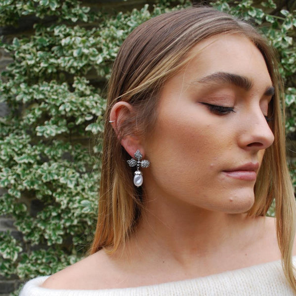 Laoise crystal & pearl acorn earring in silver