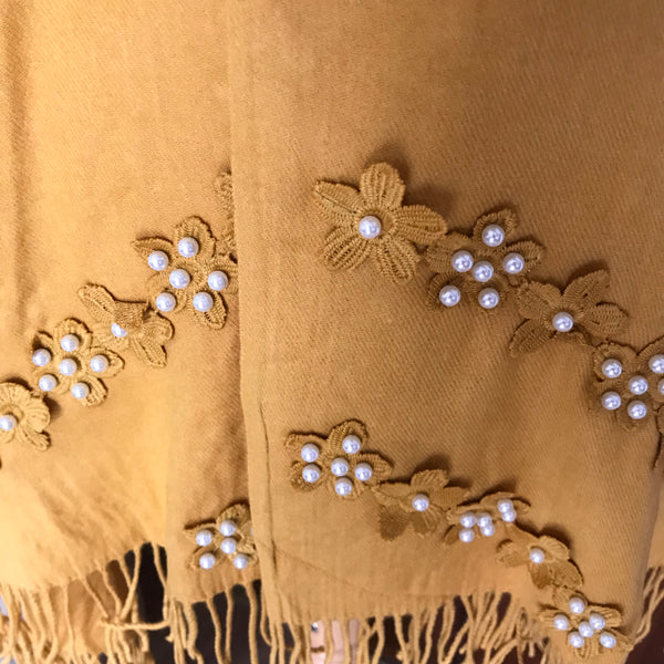 Mustard Pearl Detail Light Cashmere Feel Scarf