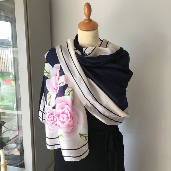 Navy and Cream Floral Print Silk Feel Scarf