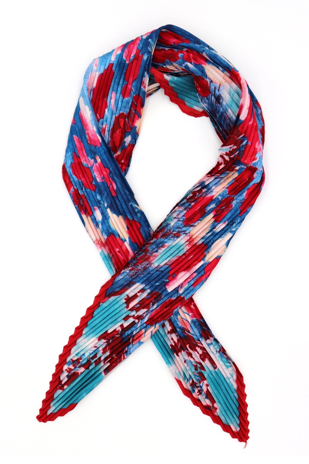 Niamh Pleated Small Square Scarf Red and Blue Print