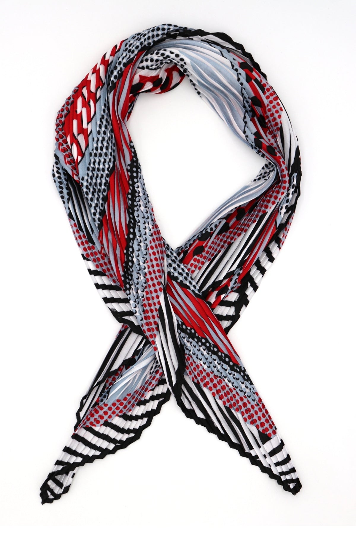 Niamh Pleated Small Square Scarf Red and Grey Print