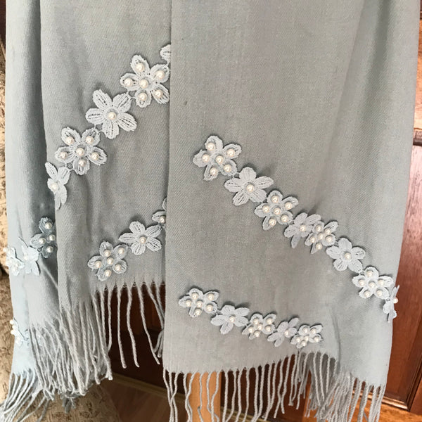 Pale Duck Egg Pearl Detail Light Cashmere Feel Scarf
