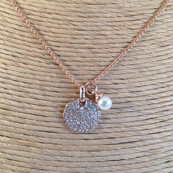 Disc Encrusted Pendant with Pearl Charm Rose Gold