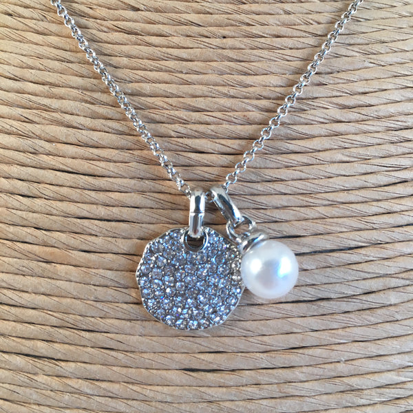 Disc Encrusted Pendant with Pearl Charm Silver