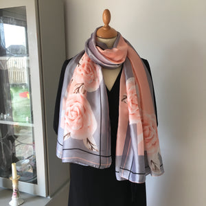 Grey and Pink Floral Silk Feel Scarf