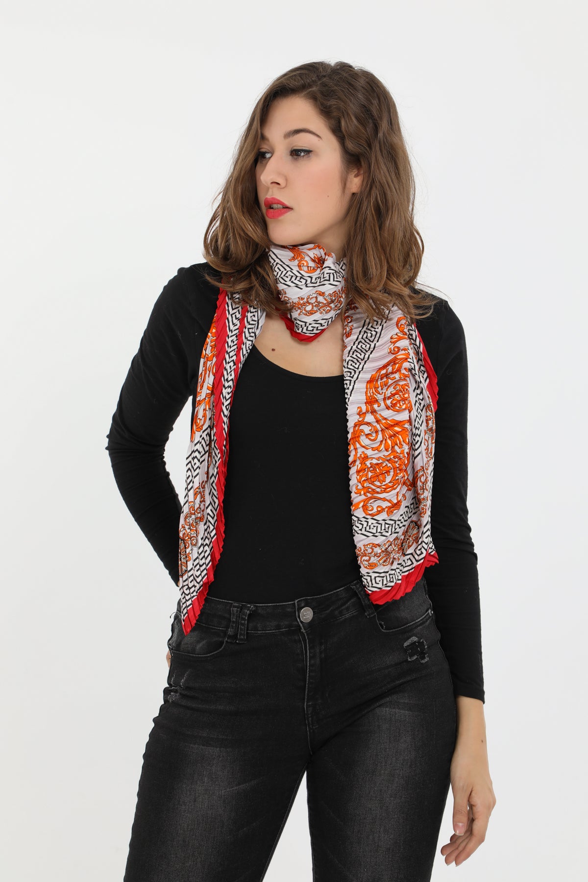Reese Large Square Pleated Scarf Grey and Red