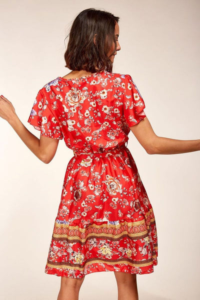 Sabrina Red Floral Print Short Faux Wrap Dress