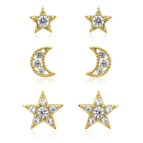 Stella three piece micro moon and star earring set in gold