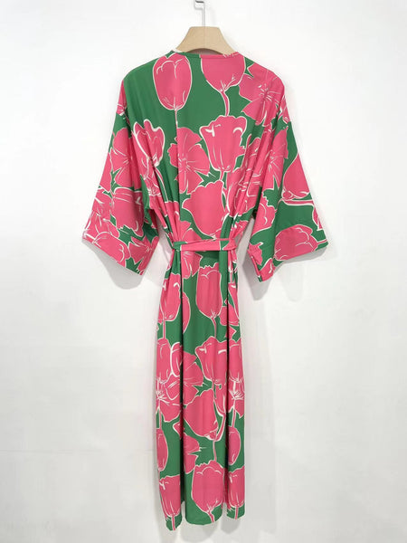 Suri long kimono green and pink print