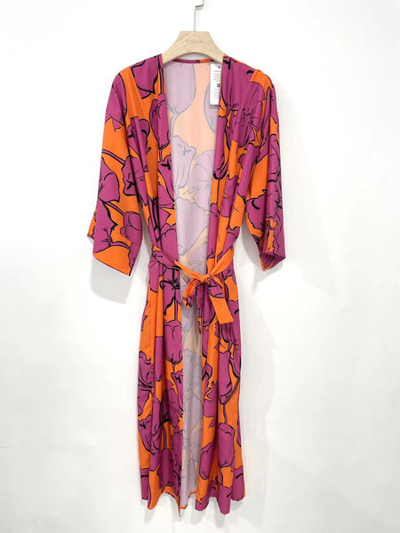 Suri long kimono orange and fuchsia print