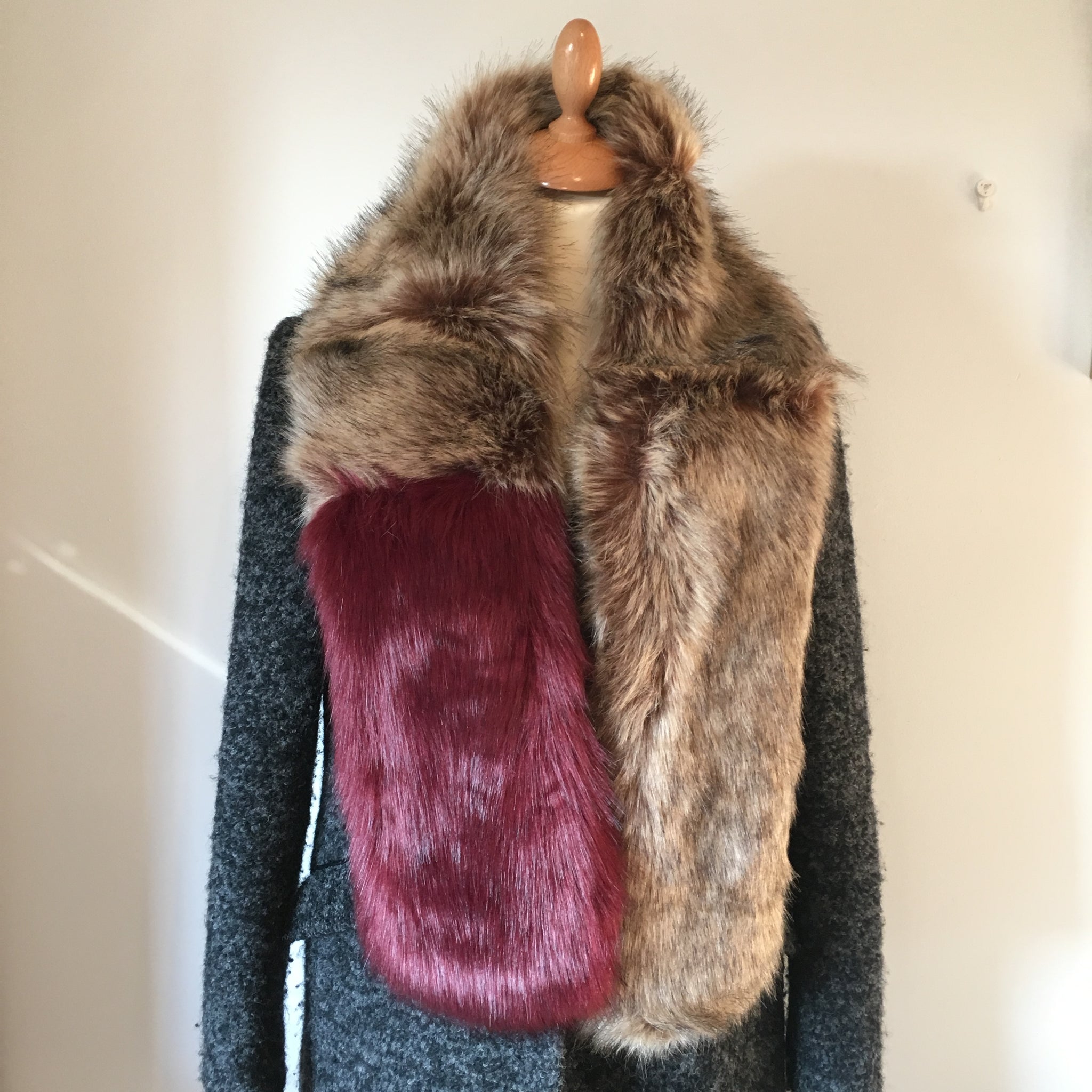 Two Tone Faux Fur Stole Burgundy and Taupe